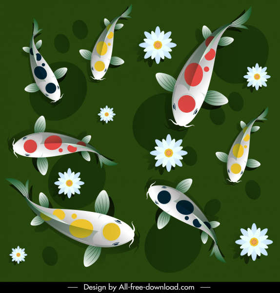 鯉の魚はカラフルな装飾の水泳スケッチを描きます
