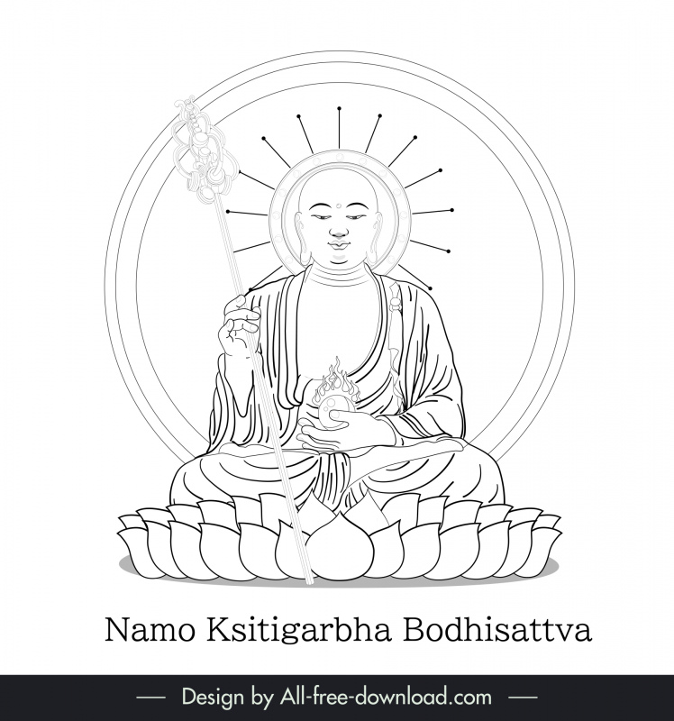 Ksitigarbha Bodhisattva Sign Icon แบน สีดํา ขาว ตัวการ์ตูน โครงร่างตัวการ์ตูน