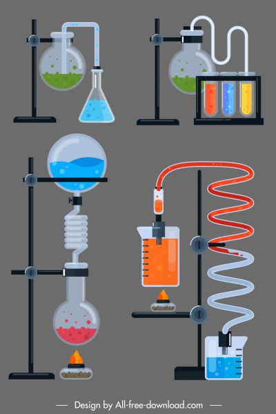 narzędzia laboratoryjne ikony szkła szkic reakcji chemicznej