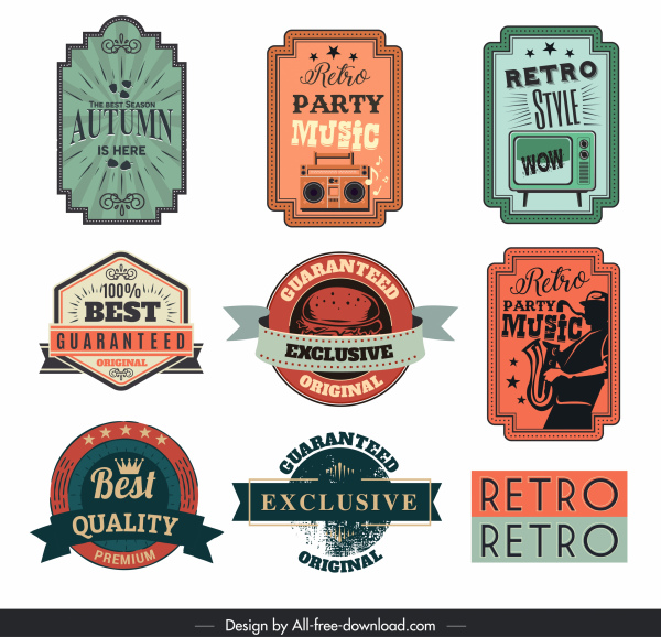 label desain berwarna retro template berbagai bentuk