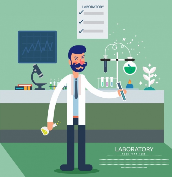 실험실 광고 남성 과학자 도구 아이콘 만화 디자인