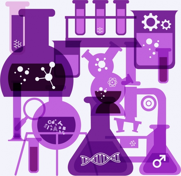 tubos de vidrio de fondo de laboratorio iconos violeta diseño plano