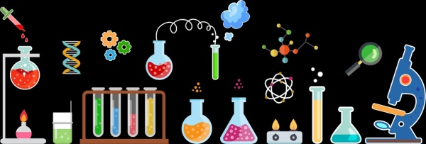 laboratório fundo vidraria ferramentas ícones multicolorido design plano