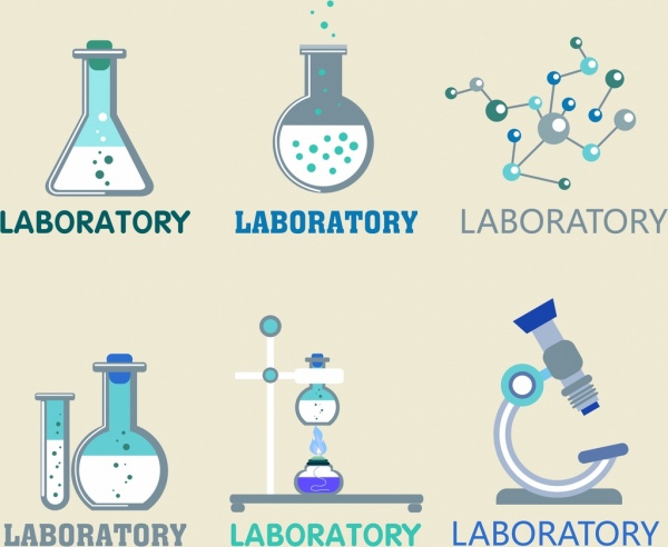 logotipos do laboratório ícones do microscópio da molécula dos produtos vidreiros