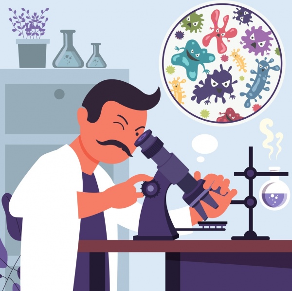 Laboratorium bekerja latar belakang ilmuwan ikon bakteri mikroskop