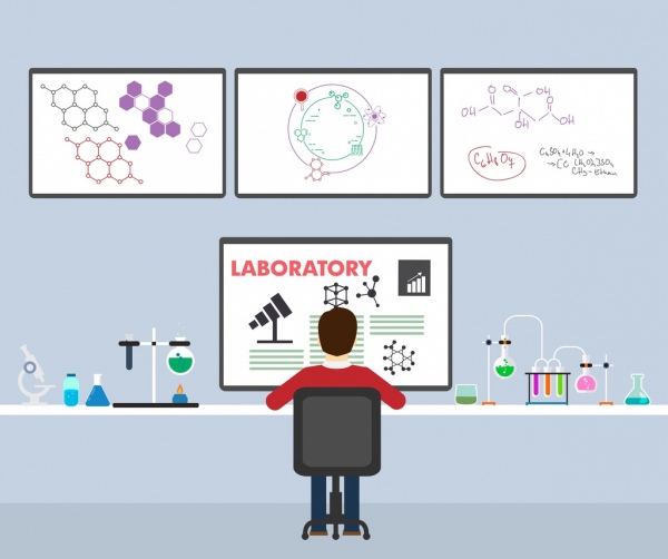 laboratorio trabajo científico de fondo herramientas químicas fórmulas decoración