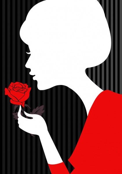 夫人和玫瑰背景白色輪廓設計