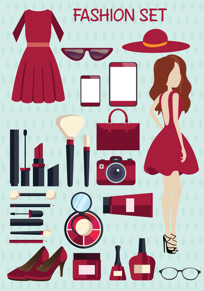 女士時裝套裝帶紅色色調的向量設計