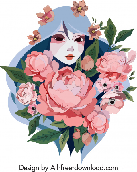 lady retrato pintura florescendo flores decoração