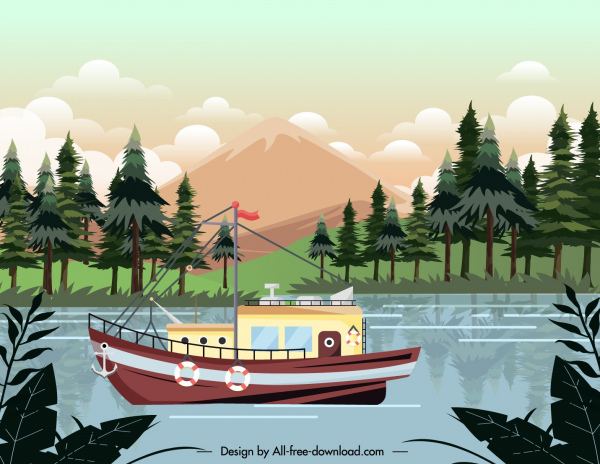 peinture de paysage de lac concrétisant l'esquisse de bateau colorée moderne