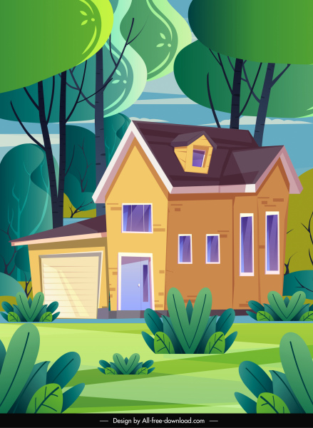 풍경 배경 다채로운 장식 집 나무 스케치