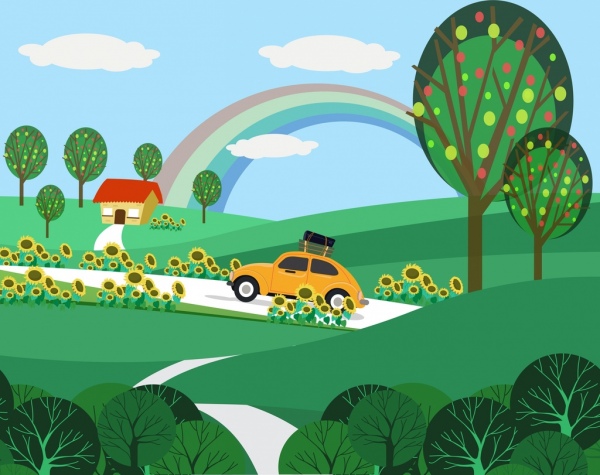 背景は緑の木々 の車アイコン漫画デザインを風景します。