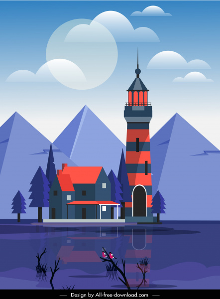 пейзаж фон озера горной архитектуры эскиз цветной классический