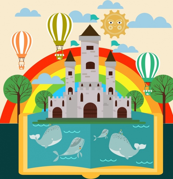 пейзаж книга фон Красочная радуга замок Кита значки