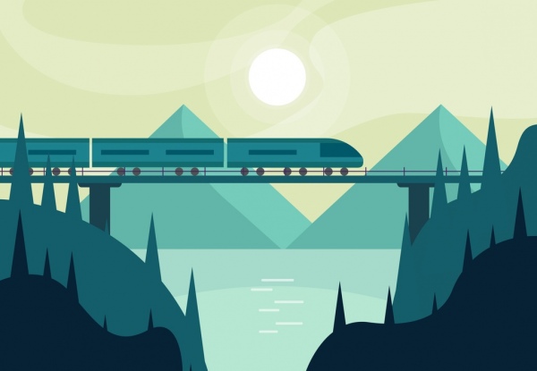 Пейзаж картина Мост Экспресс поезд классический дизайн иконок