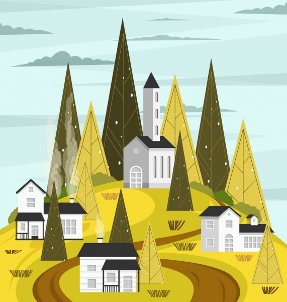 paysage peinture maisons colline arbres icônes conception géométrique