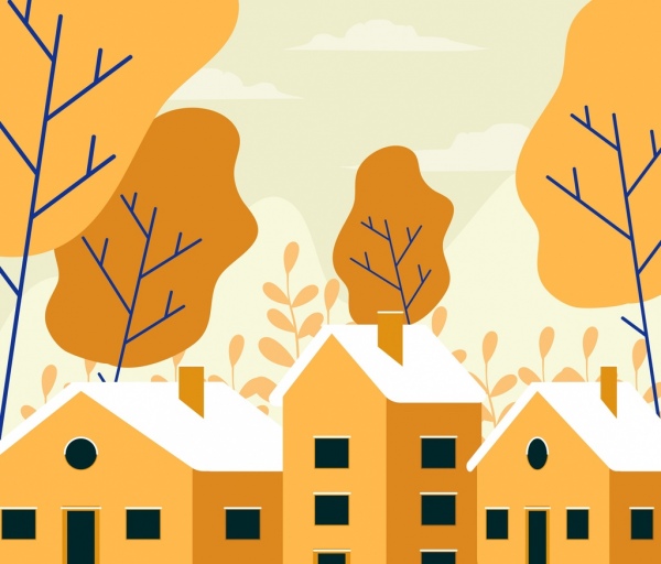 pintura de paisaje casas diseño marrón de árboles los iconos blancos