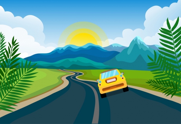 lukisan pemandangan gunung jalan ikon mobil dekorasi