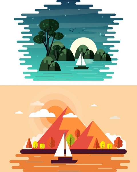 lukisan lanskap set kapal laut pohon ikon