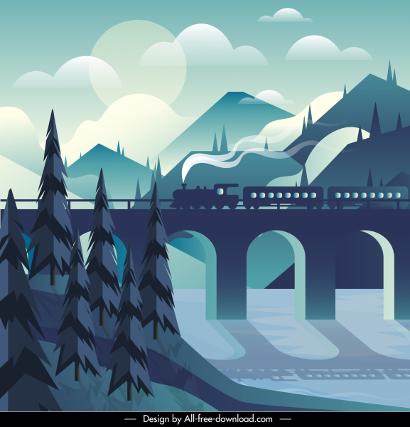 लैंडस्केप पेंटिंग ट्रेन पुल माउंटेन स्केच डार्क क्लासिक
