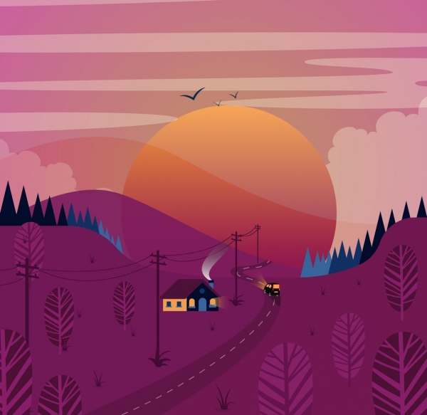 Пейзаж картина солнце фиолетовый Хилл роуд дом иконки