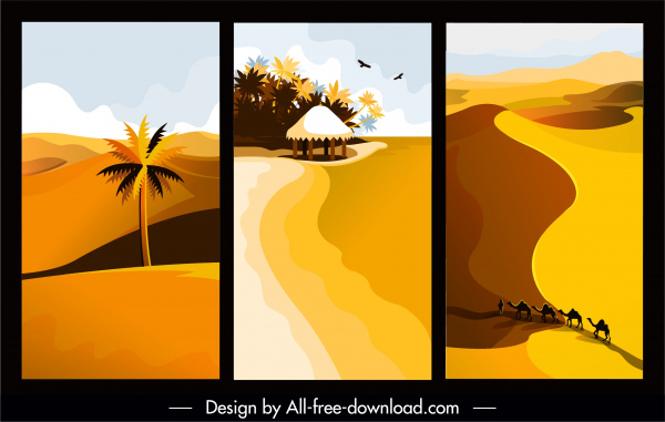 山水畫沙漠海灘素描彩色復古設計