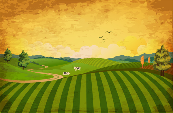 المشهد مع السماء صفراء و الحقول الخضراء