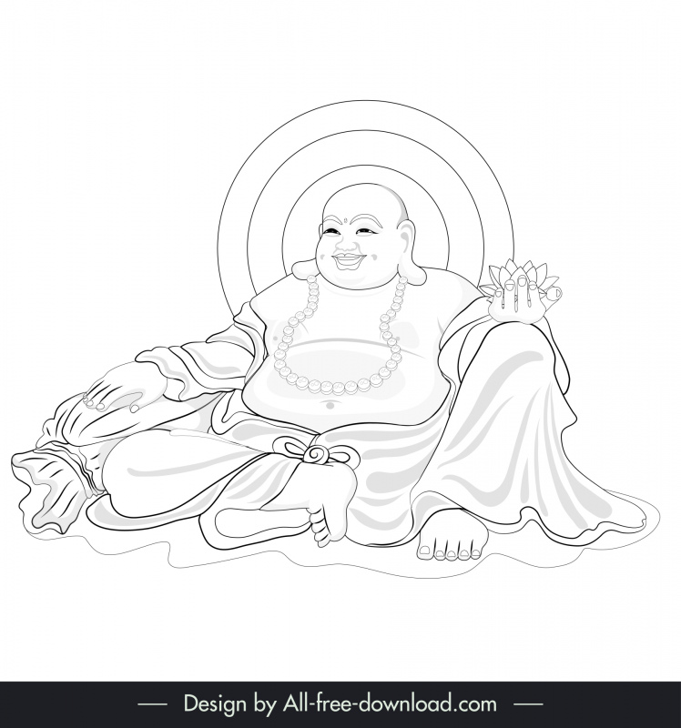 笑う仏陀のアイコン 黒 白 手描きの輪郭