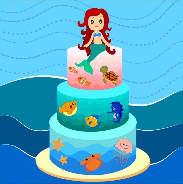 camadas de bolo projeto marinho estilo desenho animado sereia ícone