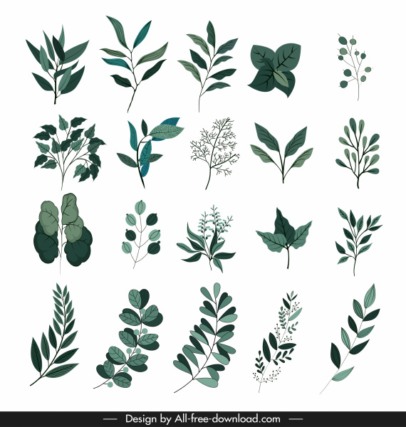 collection d'icônes de feuilles conception vert foncé classique