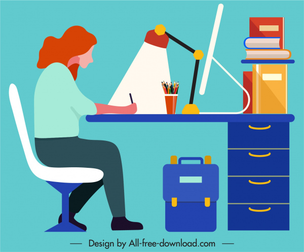 l'esquisse plate colorée de bureau de femme de fond d'apprentissage