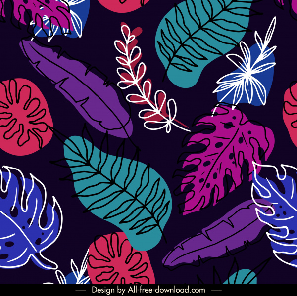 잎 패턴 템플릿 핸드 그린 스케치 다채로운 어두운 디자인