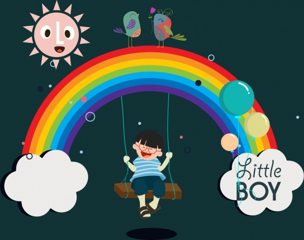 Legendario background Swinging Boy arco iris multicolor de aves iconos