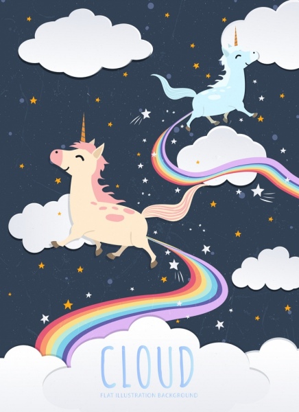 unicórnio lendário desenho colorido arco-íris nuvens brancas decoração
