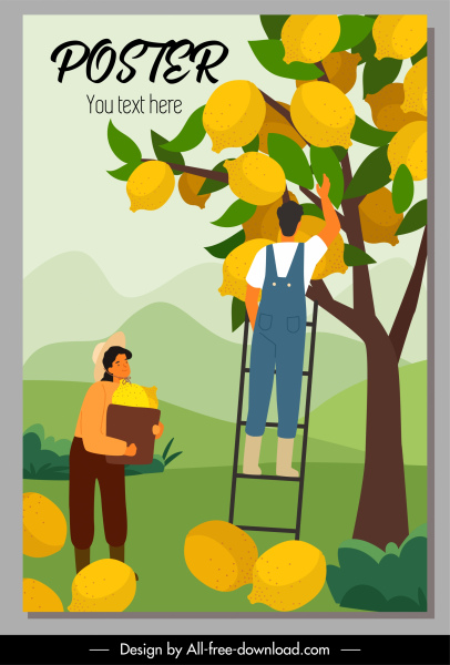 cartel de la cosecha de limón enormes frutas dibujo animado bosquejo