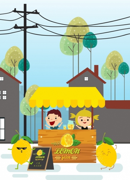 Jugo de limón anuncio estilizada niños lindos iconos de frutas