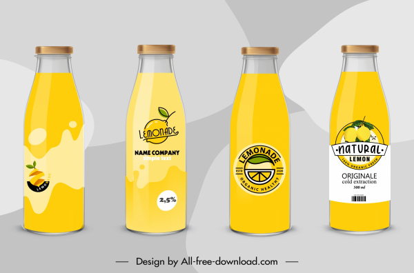 garrafas de suco de limão modelo decoração amarela esboço plano