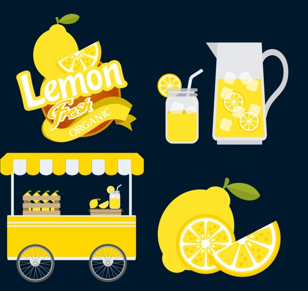 vários ícones amarelos dos elementos de design do suco de limão