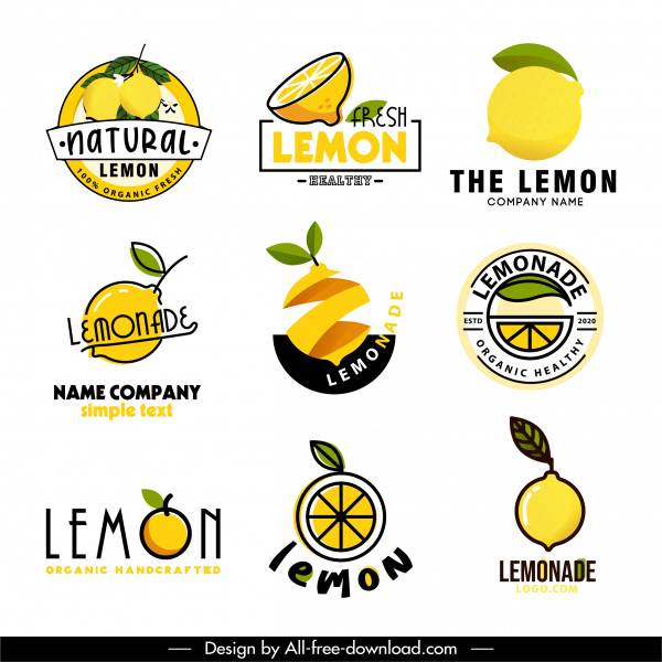Zitronenprodukte Logotypen helle 3D flache Skizze