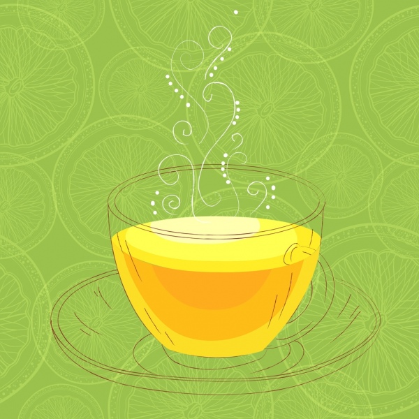 Zitrone Werbung Teetasse skizzieren grüne Scheiben Hintergrund