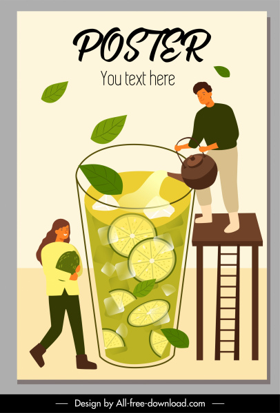 cartel de publicidad té de limón enorme dibujo animado de vidrio