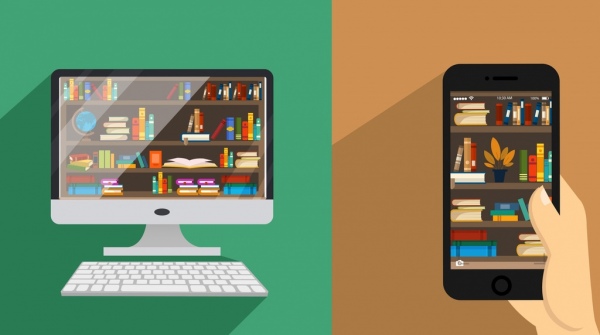 Perpustakaan iklan ikon rak buku komputer smartphone