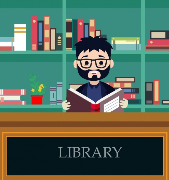 Bibliothek-Hintergrund-Mann liest Buch Symbol farbigen cartoon