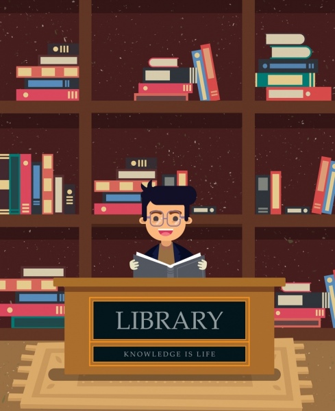 Bibliothek-Hintergrund lesen Mann Bücherregal Symbole farbige cartoon