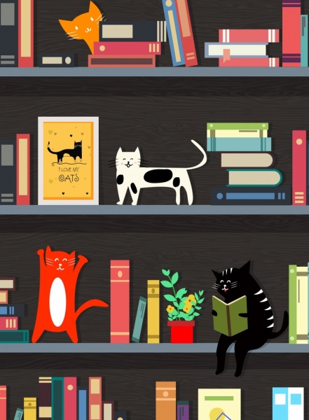biblioteca estante layout gatos livros ícones decoração