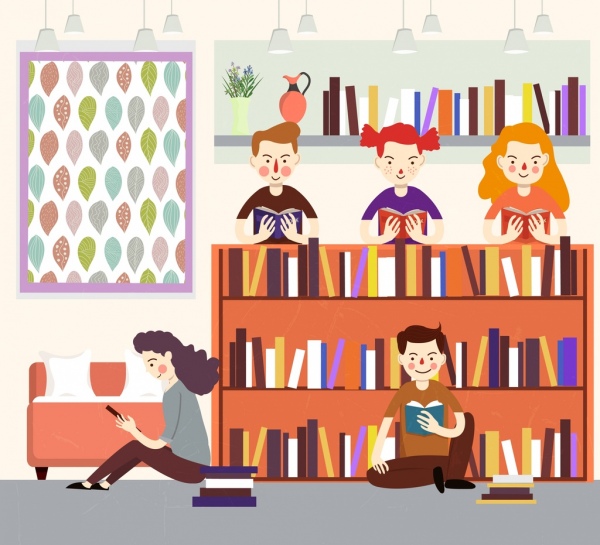 Dibujo lectores estanteria biblioteca iconos de dibujos animados de colores