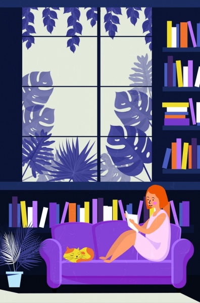 rysunek kobieta czyta książkę w bibliotece kolorowych kreskówka projektu