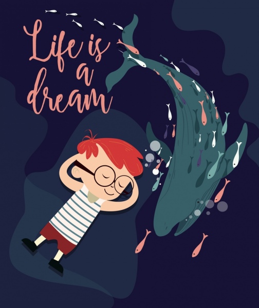 Bannière de vie garçon endormi océan baleine dessin animé design