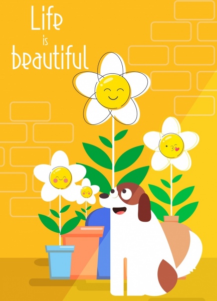 Hayat Afiş Stilize Çiçekler Köpek Simgeleri Sevimli Tasarım