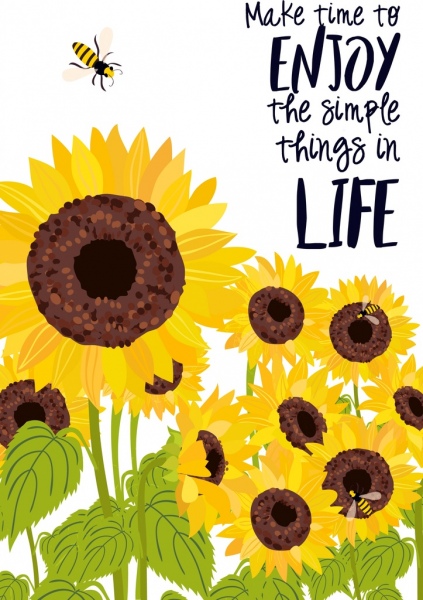 Leben genießen Banner Sonnenblumen Honigbienen Symbole Dekoration